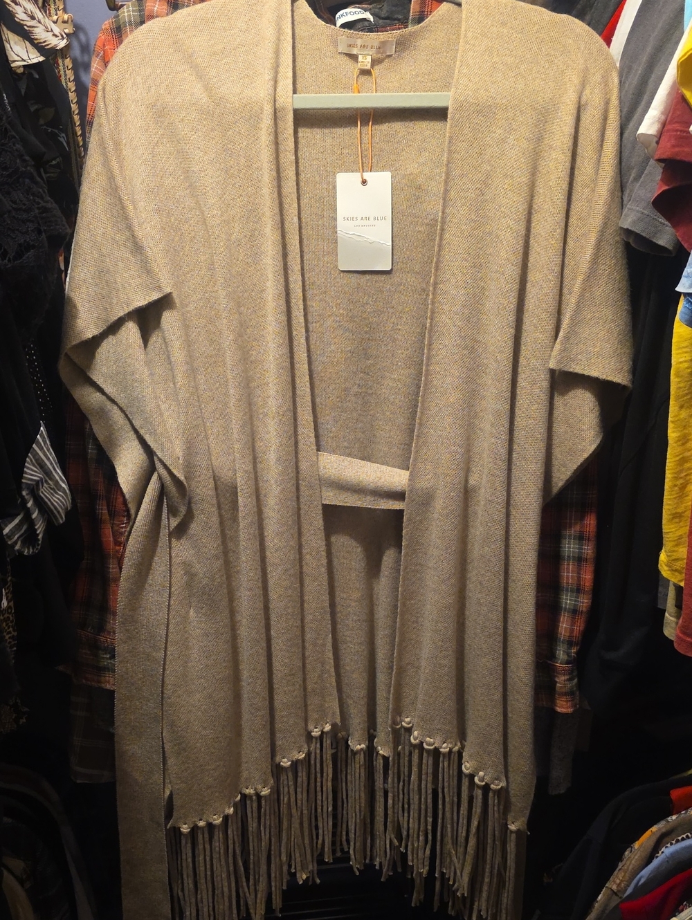 Skies Are Blue Fringed Open Front Cardigan - Beige